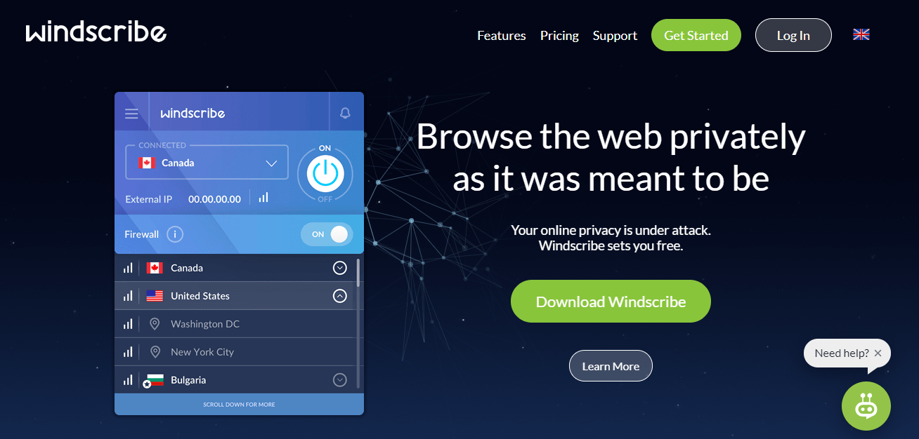 Windscribe free Android VPN