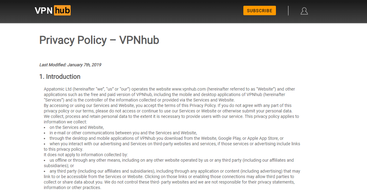 VPNHub privacy policy