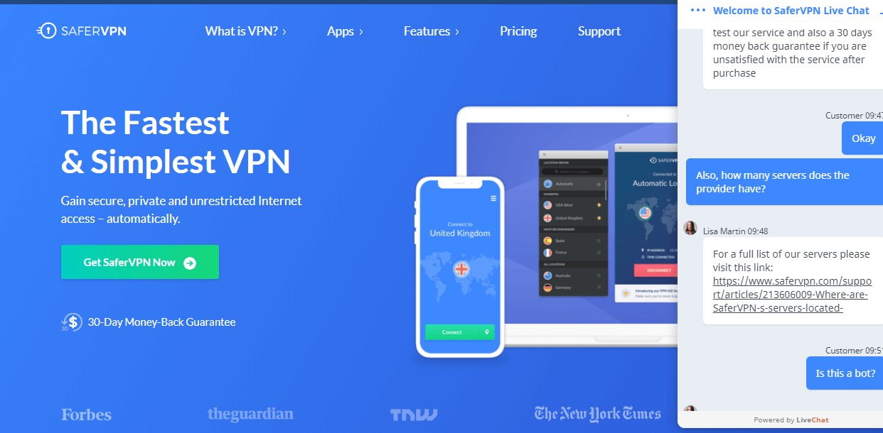 Safer VPN live chat support