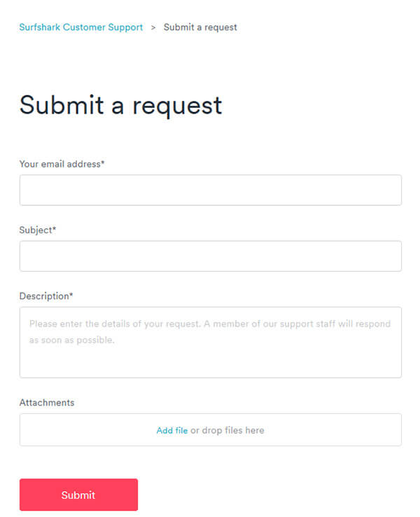 Submitting a request to Surfshark