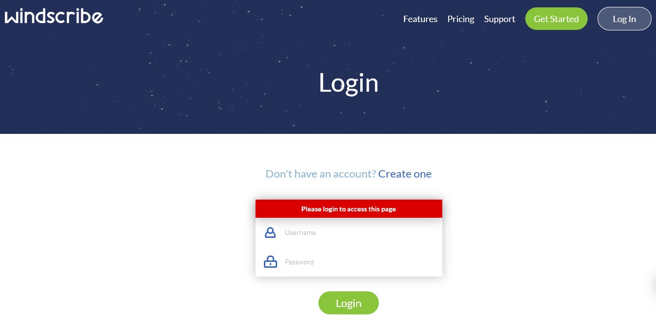 Windscribe account login page