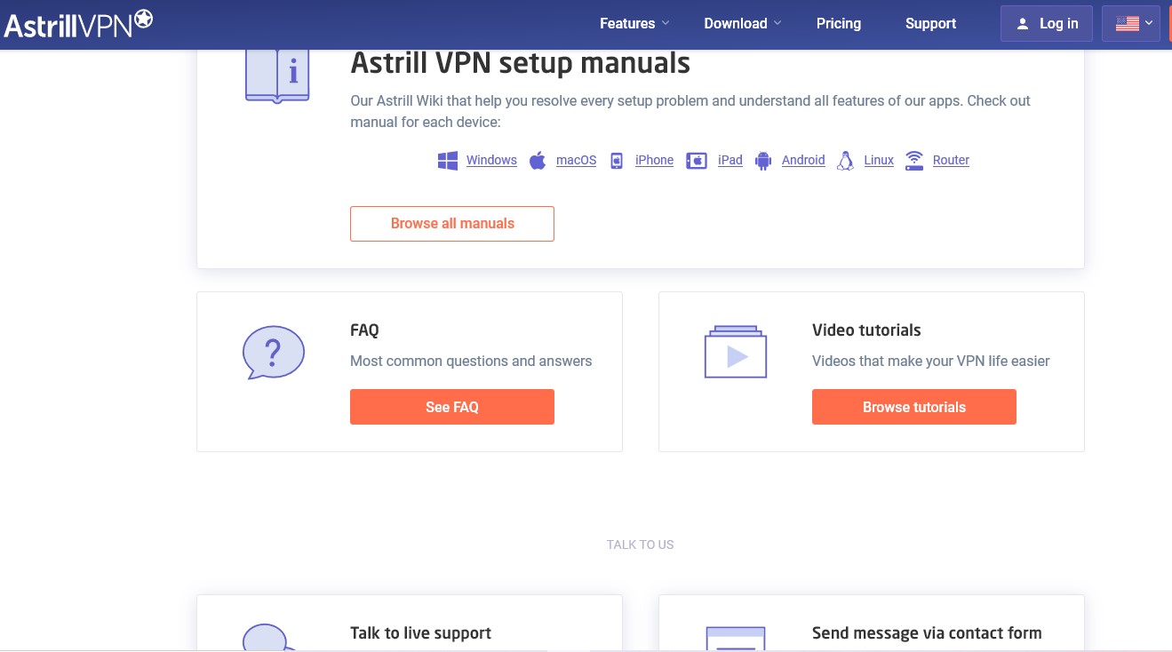 Astrill VPN support page