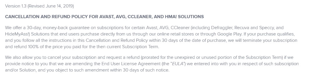 Política de cancelación de avast