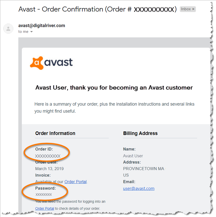 Avast customer ID and password