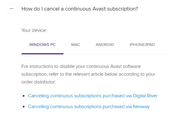 how to cancel avast subscription