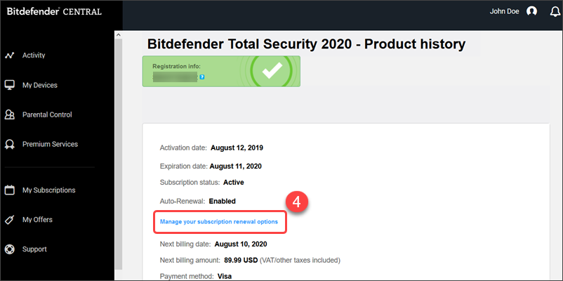 Manage subscription Bitdefender