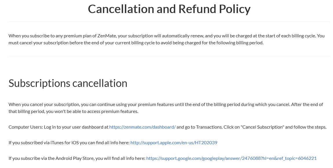Zenmate cancellation policy