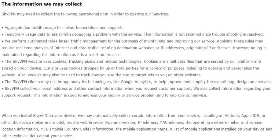 SkyVPN Privacy Policy