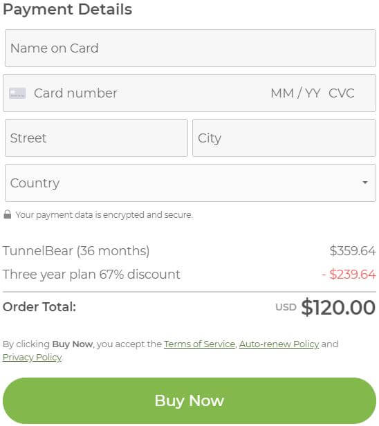 TunnelBear Payment